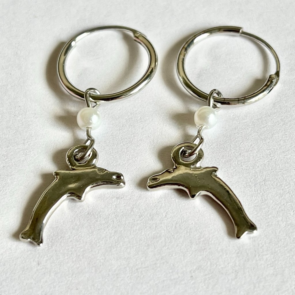 Nautical Dolphin Earrings White Pearl Silver Rhodium Plated Hoop Dangle